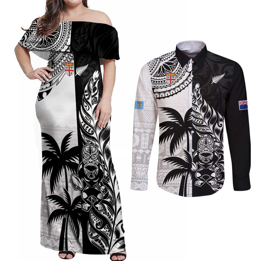 Custom Fiji New Zealand Couples Matching Off Shoulder Maxi Dress and Long Sleeve Button Shirt Maori mix Tapa Pattern Version