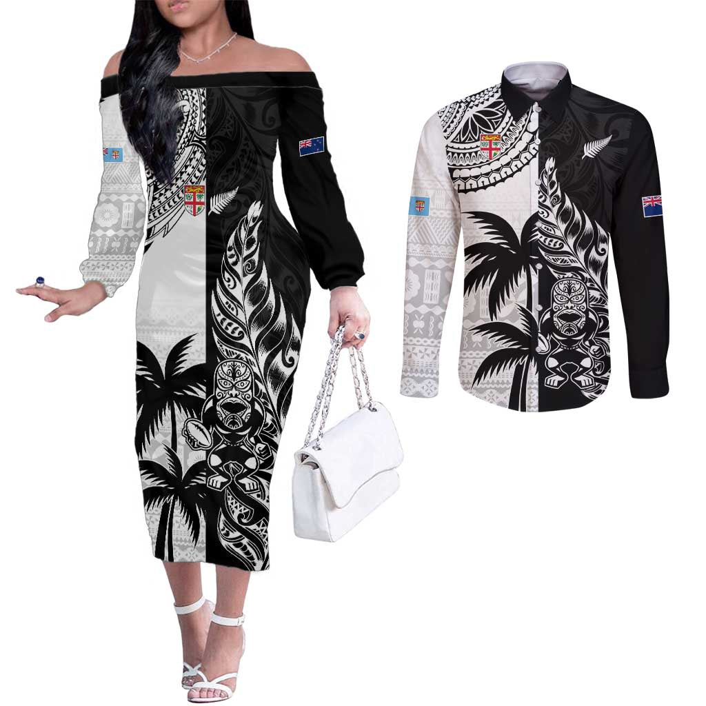 Custom Fiji New Zealand Couples Matching Off The Shoulder Long Sleeve Dress and Long Sleeve Button Shirt Maori mix Tapa Pattern Version