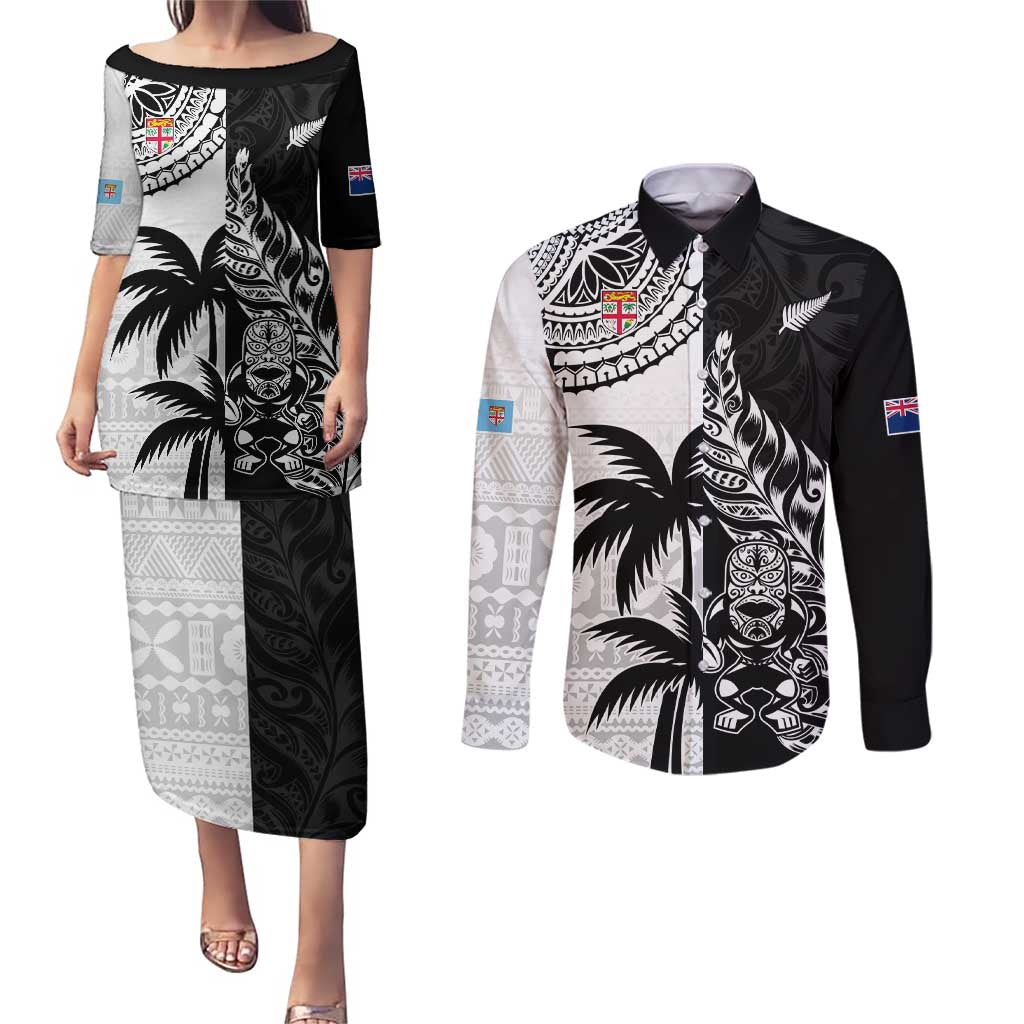 Custom Fiji New Zealand Couples Matching Puletasi and Long Sleeve Button Shirt Maori mix Tapa Pattern Version