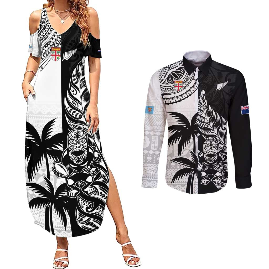 Custom Fiji New Zealand Couples Matching Summer Maxi Dress and Long Sleeve Button Shirt Maori mix Tapa Pattern Version