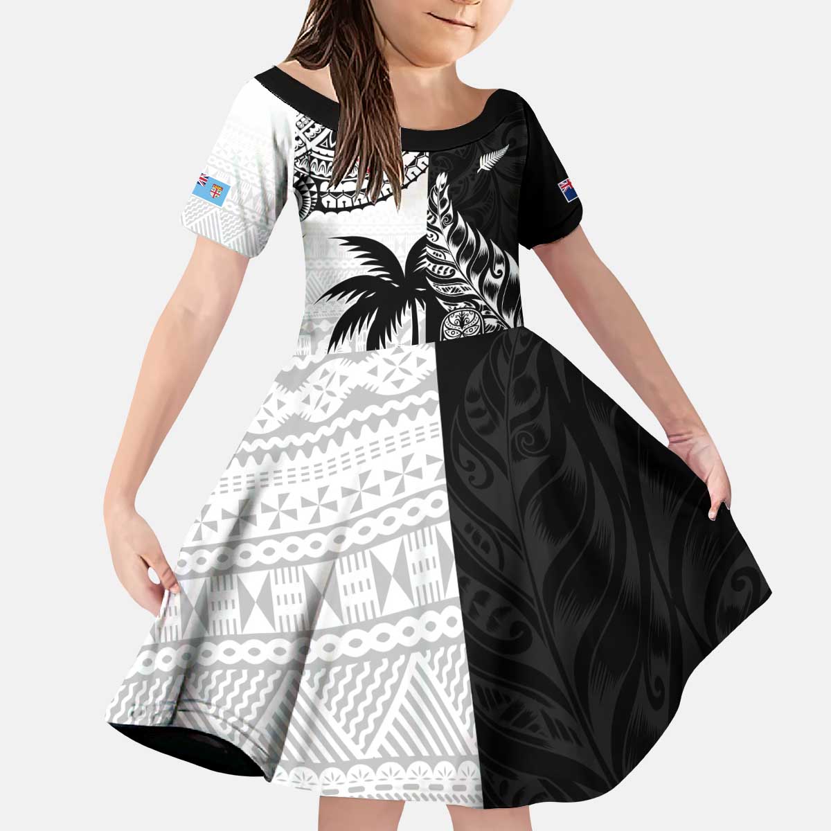 Custom Fiji New Zealand Kid Short Sleeve Dress Maori mix Tapa Pattern Version