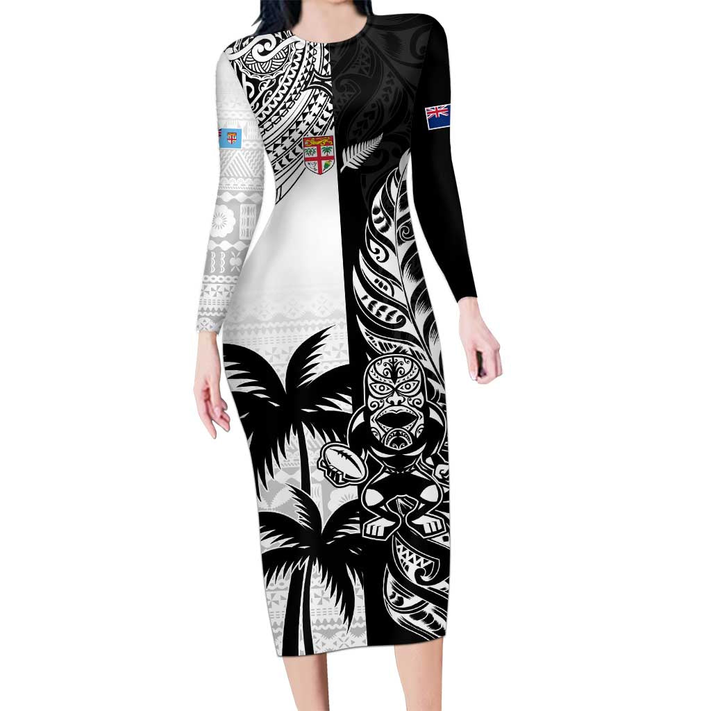 Custom Fiji New Zealand Long Sleeve Bodycon Dress Maori mix Tapa Pattern Version