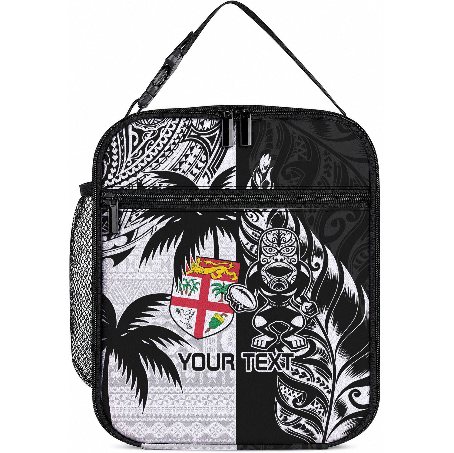 Custom Fiji New Zealand Lunch Bag Maori mix Tapa Pattern Version LT9 10.2 × 8.3 × 4.3 inch Black - Polynesian Pride