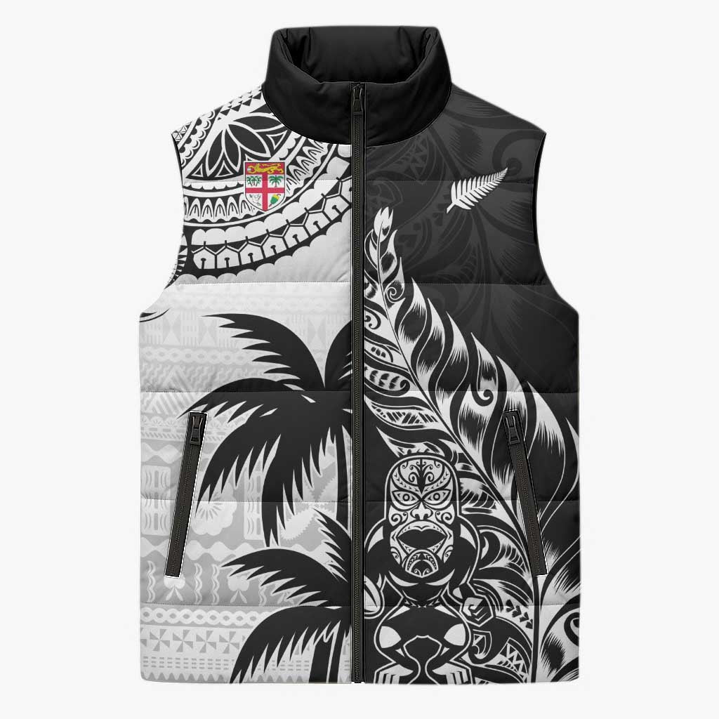 Fiji New Zealand Rugby Personalised Sleeveless Puffer Jacket Maori and Tapa Pattern - Polynesian Pride