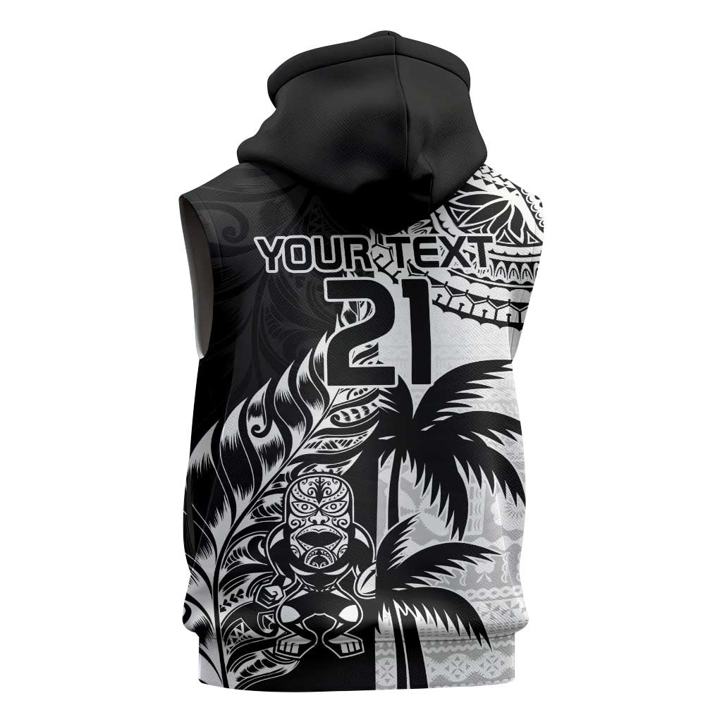 Fiji New Zealand Rugby Personalised Sleeveless Zip Hoodie Maori and Tapa Pattern - Polynesian Pride