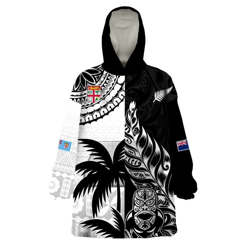 Custom Fiji New Zealand Wearable Blanket Hoodie Maori mix Tapa Pattern Version