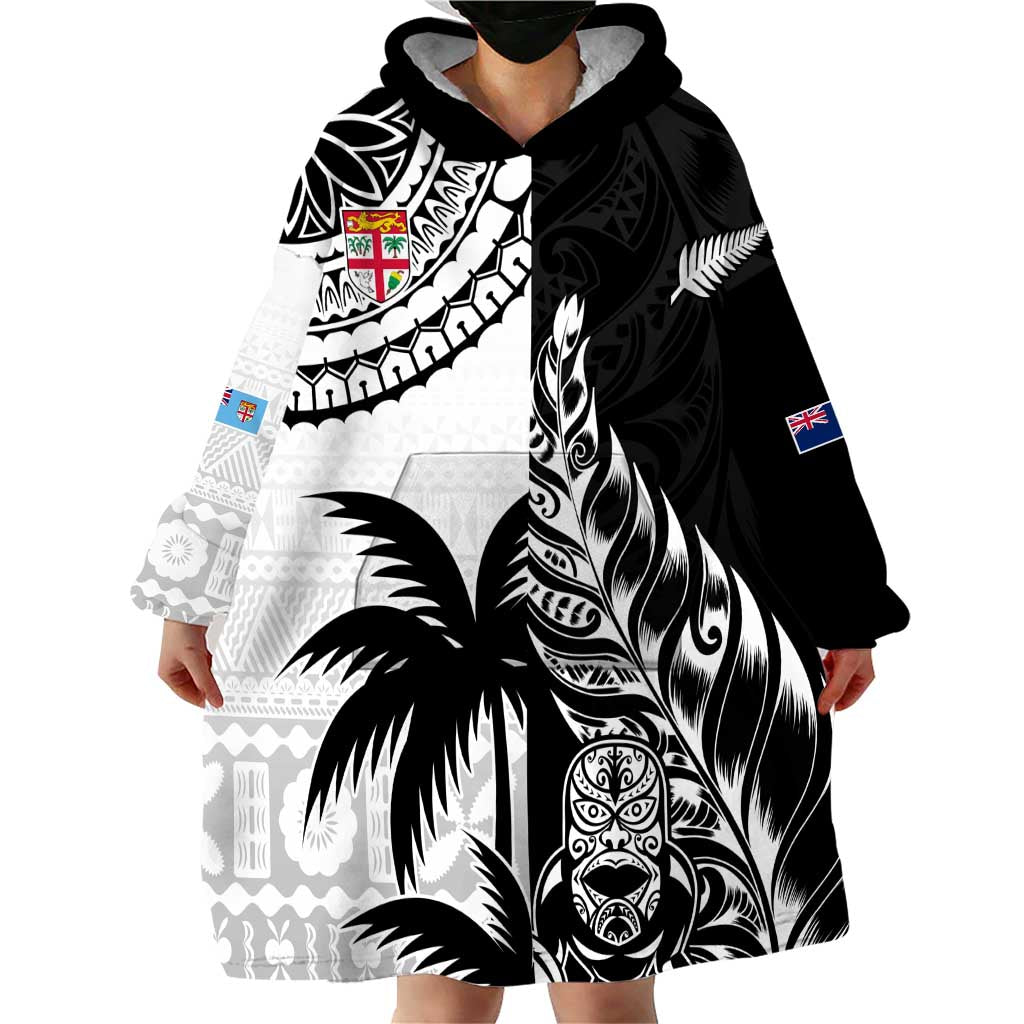 Custom Fiji New Zealand Wearable Blanket Hoodie Maori mix Tapa Pattern Version