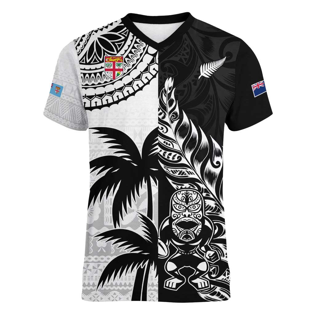Custom Fiji New Zealand Women V-Neck T-Shirt Maori mix Tapa Pattern Version