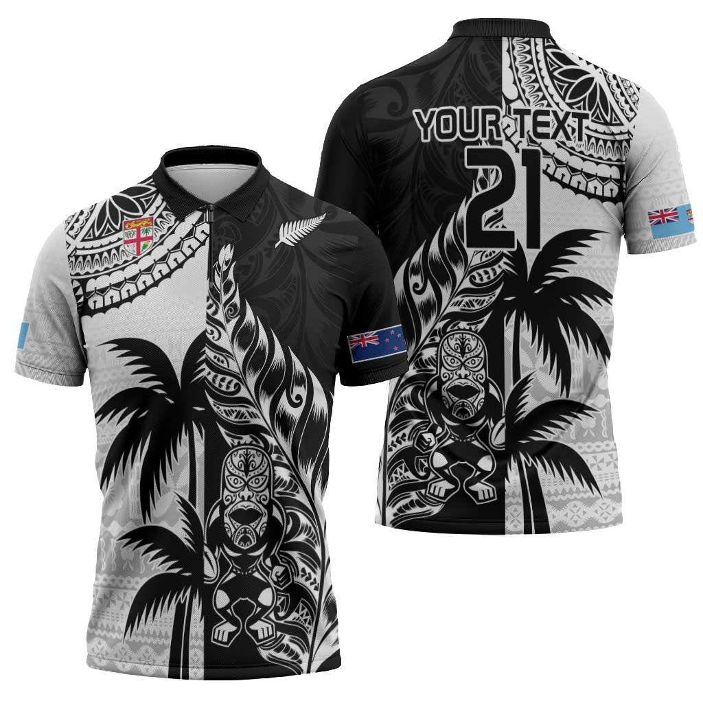 Fiji New Zealand Rugby Personalised Zipper Polo Shirt Maori and Tapa Pattern - Polynesian Pride