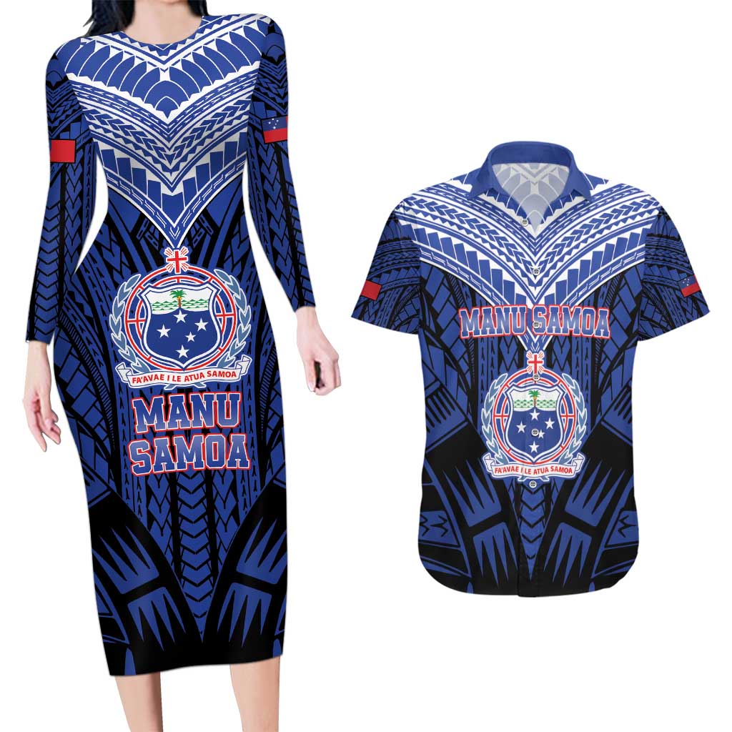 Custom Manu Samoa Sevens Rugby Couples Matching Long Sleeve Bodycon Dress and Hawaiian Shirt Samoan Tribal Tattoo