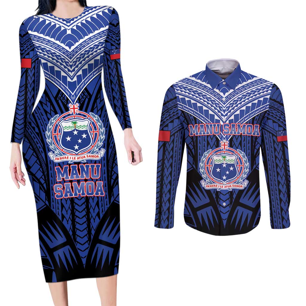 Custom Manu Samoa Sevens Rugby Couples Matching Long Sleeve Bodycon Dress and Long Sleeve Button Shirt Samoan Tribal Tattoo