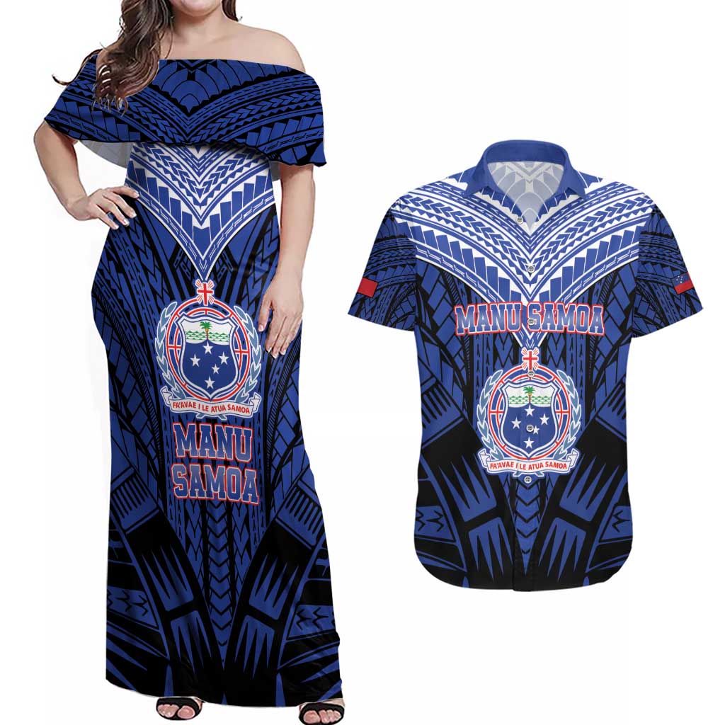 Custom Manu Samoa Sevens Rugby Couples Matching Off Shoulder Maxi Dress and Hawaiian Shirt Samoan Tribal Tattoo