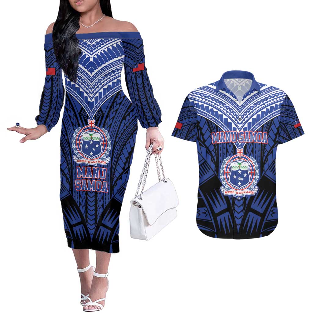 Custom Manu Samoa Sevens Rugby Couples Matching Off The Shoulder Long Sleeve Dress and Hawaiian Shirt Samoan Tribal Tattoo