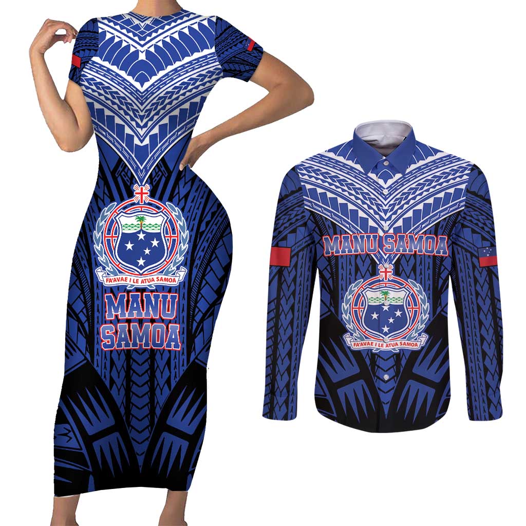 Custom Manu Samoa Sevens Rugby Couples Matching Short Sleeve Bodycon Dress and Long Sleeve Button Shirt Samoan Tribal Tattoo