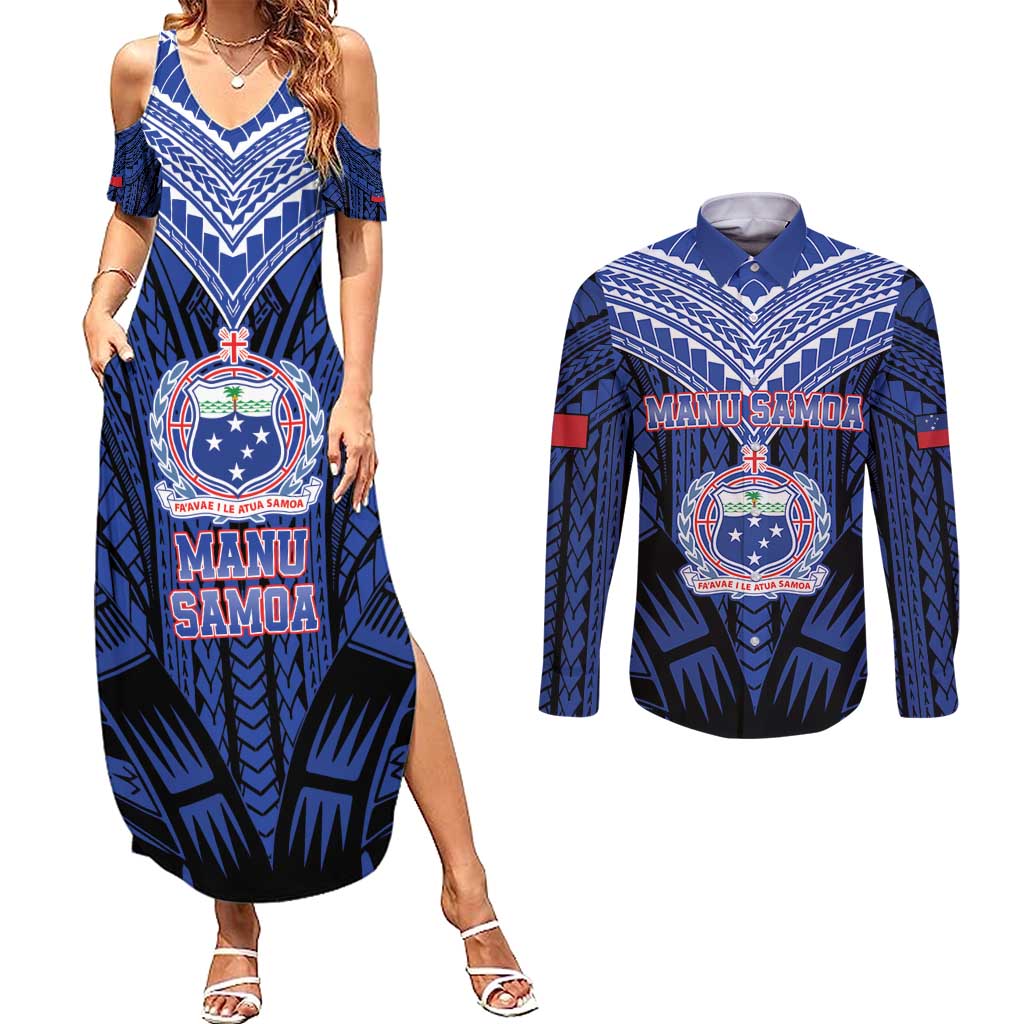 Custom Manu Samoa Sevens Rugby Couples Matching Summer Maxi Dress and Long Sleeve Button Shirt Samoan Tribal Tattoo