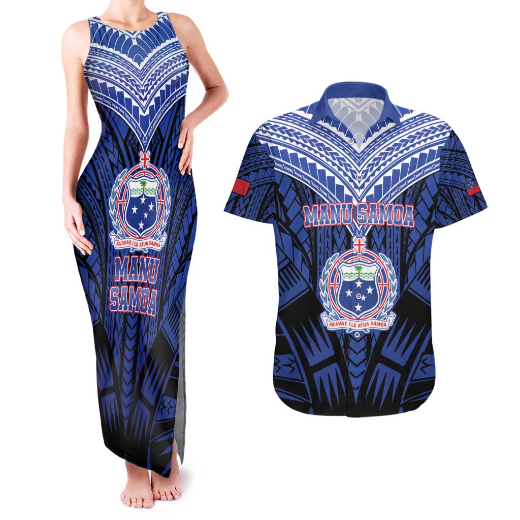 Custom Manu Samoa Sevens Rugby Couples Matching Tank Maxi Dress and Hawaiian Shirt Samoan Tribal Tattoo