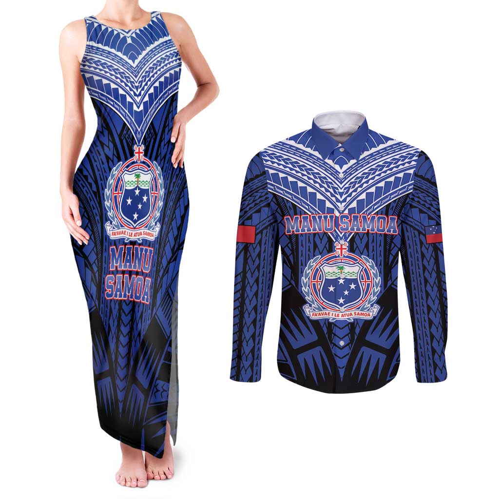 Custom Manu Samoa Sevens Rugby Couples Matching Tank Maxi Dress and Long Sleeve Button Shirt Samoan Tribal Tattoo