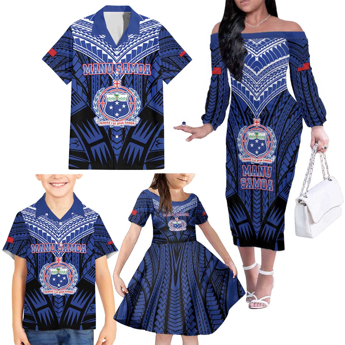 Custom Manu Samoa Sevens Rugby Family Matching Off The Shoulder Long Sleeve Dress and Hawaiian Shirt Samoan Tribal Tattoo