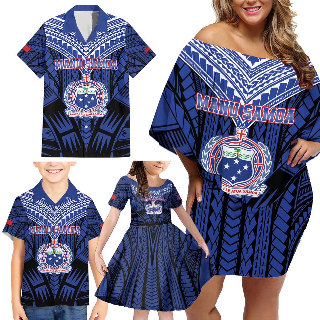 Custom Manu Samoa Sevens Rugby Family Matching Off Shoulder Short Dress and Hawaiian Shirt Samoan Tribal Tattoo