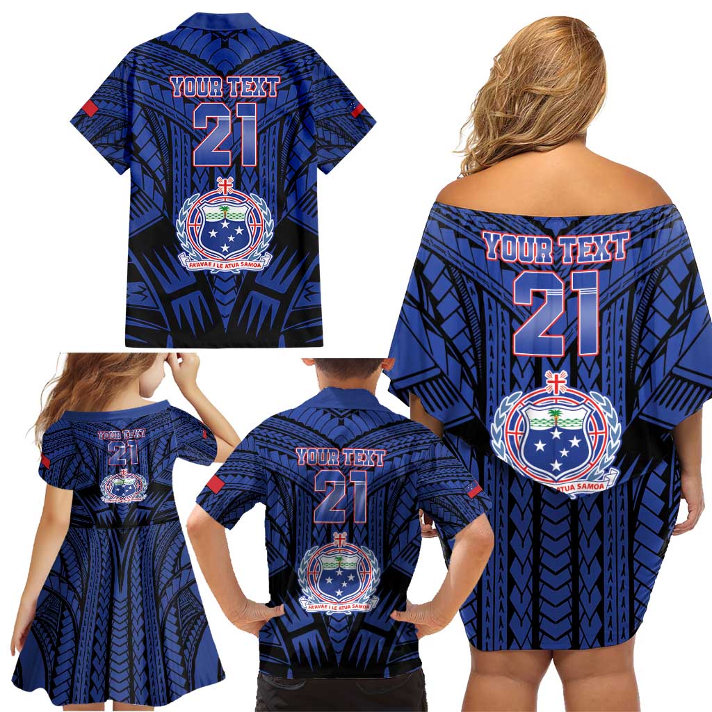 Custom Manu Samoa Sevens Rugby Family Matching Off Shoulder Short Dress and Hawaiian Shirt Samoan Tribal Tattoo