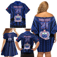 Custom Manu Samoa Sevens Rugby Family Matching Off Shoulder Short Dress and Hawaiian Shirt Samoan Tribal Tattoo