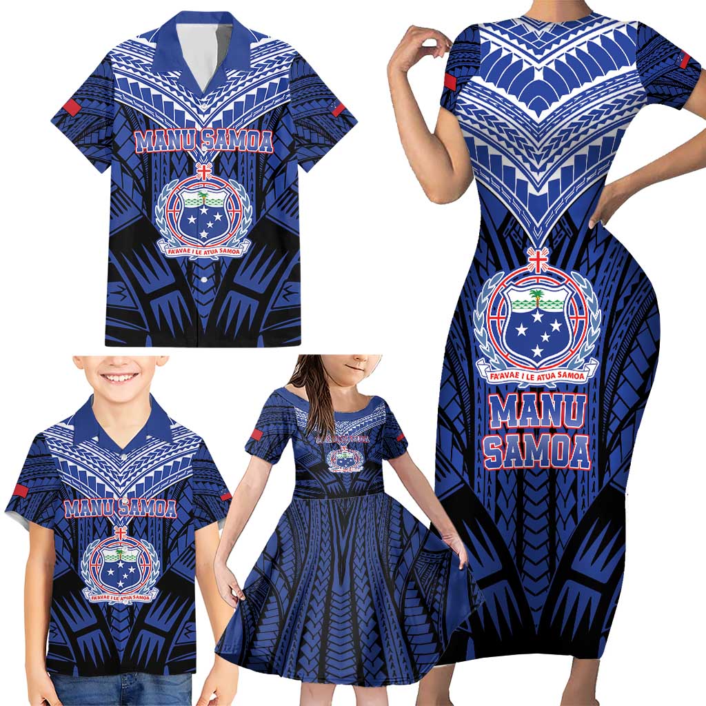 Custom Manu Samoa Sevens Rugby Family Matching Short Sleeve Bodycon Dress and Hawaiian Shirt Samoan Tribal Tattoo
