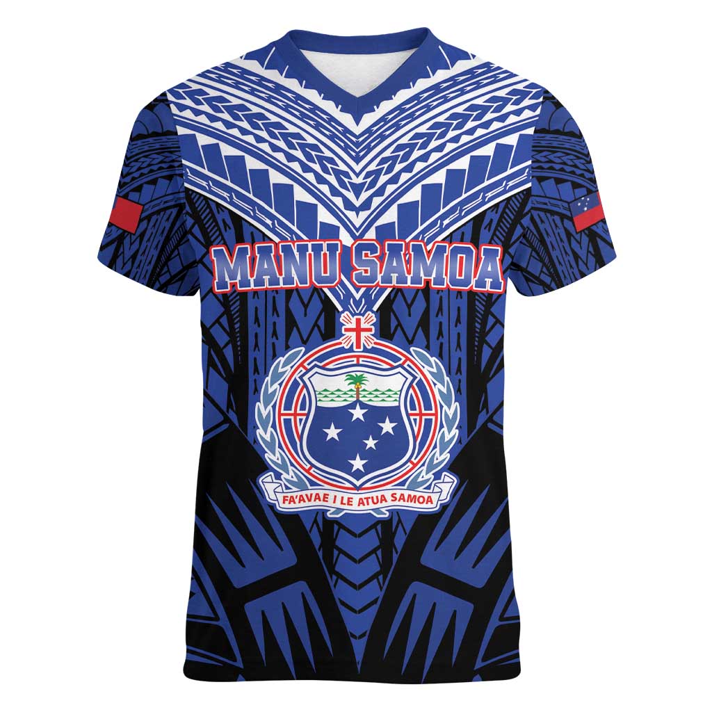 Custom Manu Samoa Sevens Rugby Women V-Neck T-Shirt Samoan Tribal Tattoo