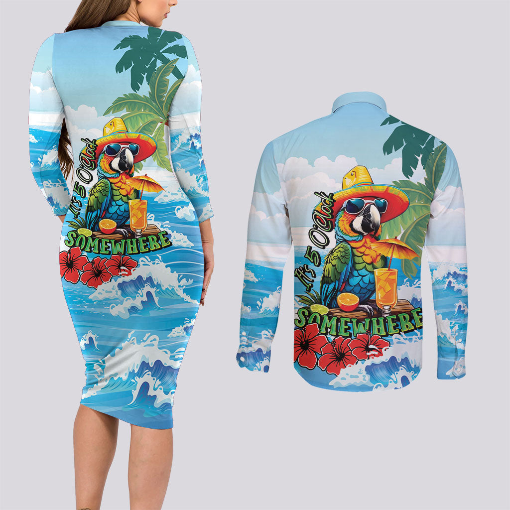 Funny Parrot Margarita Five O'clock Somewhere Couples Matching Long Sleeve Bodycon Dress and Long Sleeve Button Shirt