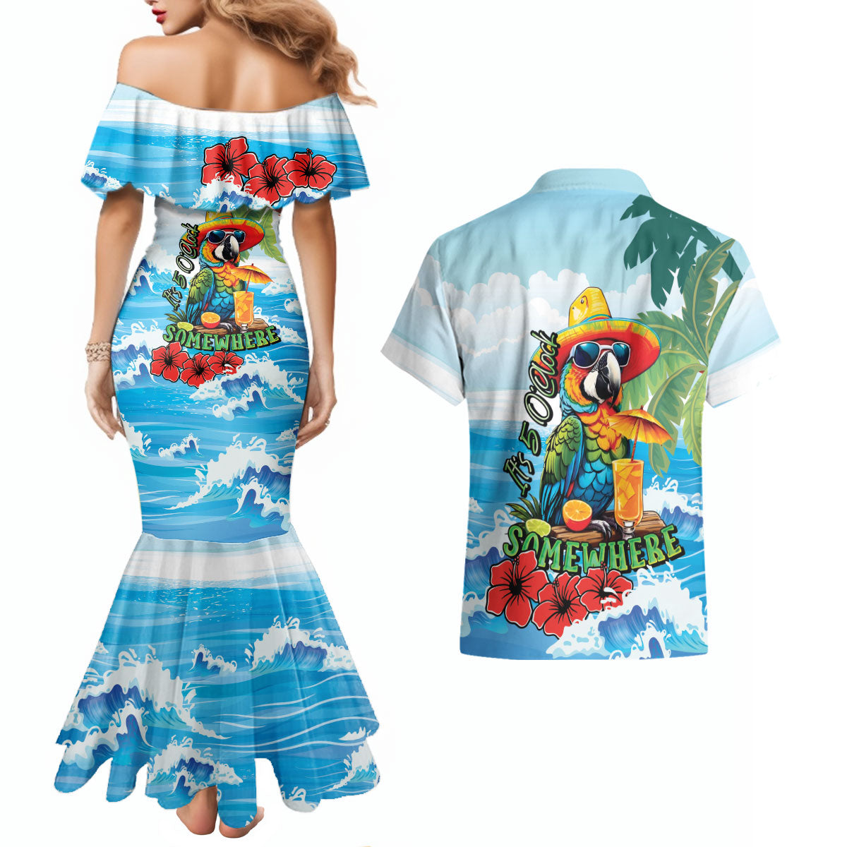 Funny Parrot Margarita Five O'clock Somewhere Couples Matching Mermaid Dress and Hawaiian Shirt