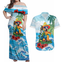 Funny Parrot Margarita Five O'clock Somewhere Couples Matching Off Shoulder Maxi Dress and Hawaiian Shirt