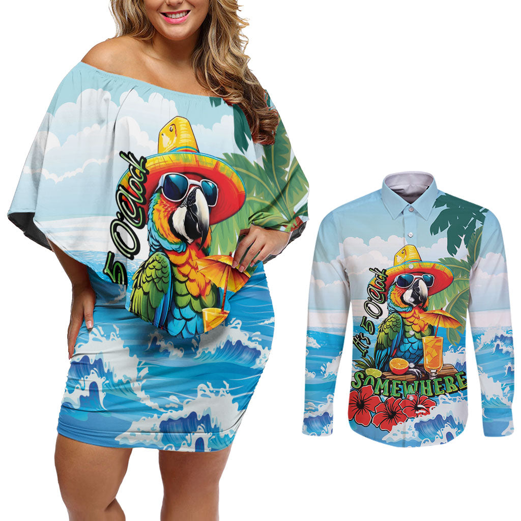 Funny Parrot Margarita Five O'clock Somewhere Couples Matching Off Shoulder Short Dress and Long Sleeve Button Shirt