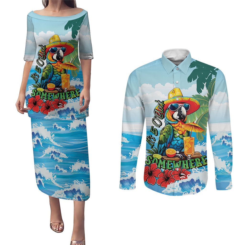 Funny Parrot Margarita Five O'clock Somewhere Couples Matching Puletasi and Long Sleeve Button Shirt