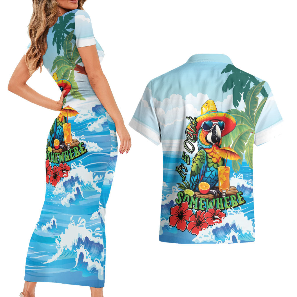 Funny Parrot Margarita Five O'clock Somewhere Couples Matching Short Sleeve Bodycon Dress and Hawaiian Shirt