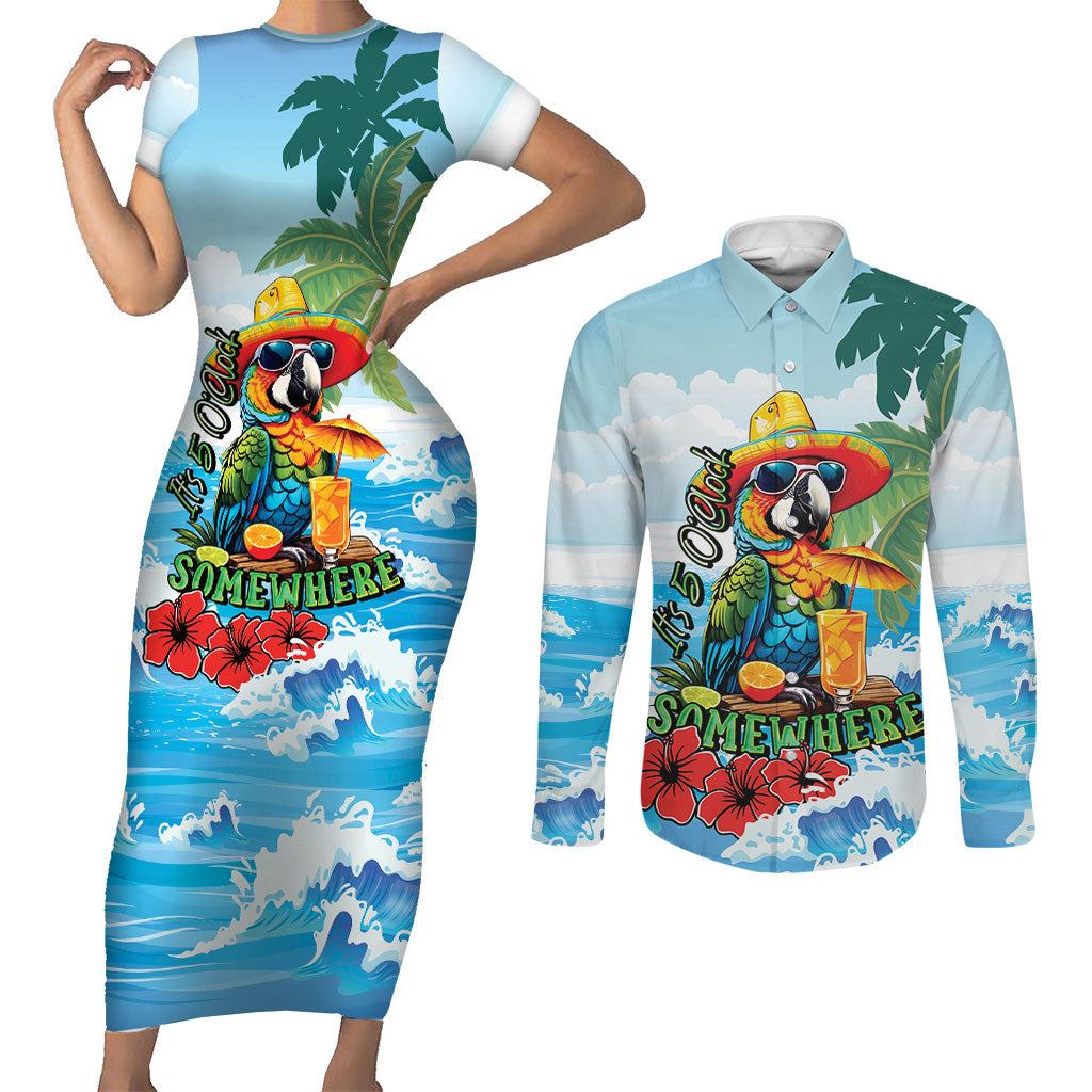 Funny Parrot Margarita Five O'clock Somewhere Couples Matching Short Sleeve Bodycon Dress and Long Sleeve Button Shirt