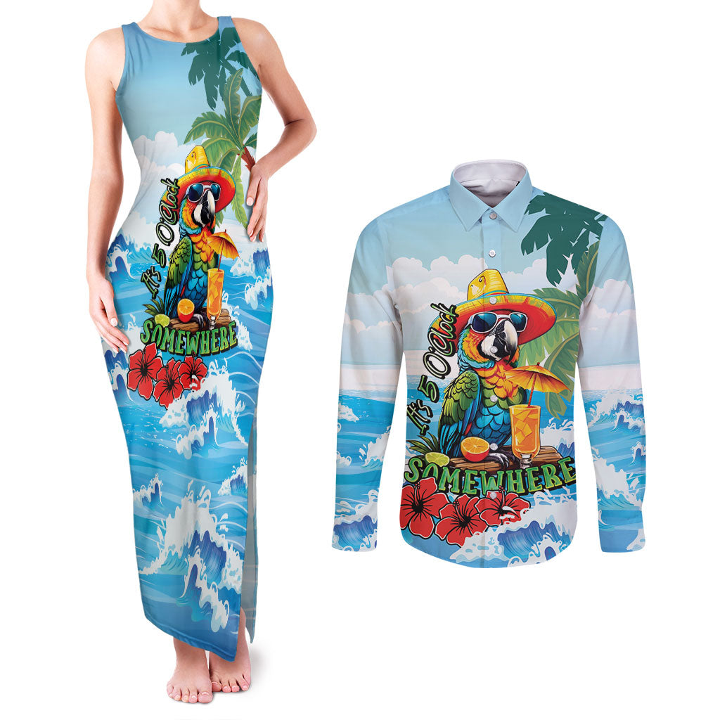 Funny Parrot Margarita Five O'clock Somewhere Couples Matching Tank Maxi Dress and Long Sleeve Button Shirt LT9 Blue - Polynesian Pride