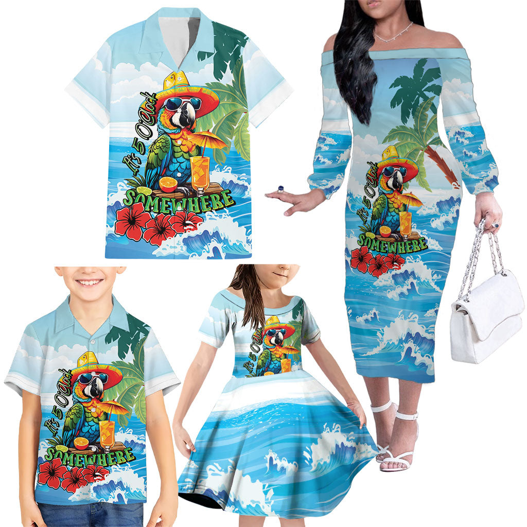 Funny Parrot Margarita Five O'clock Somewhere Family Matching Off The Shoulder Long Sleeve Dress and Hawaiian Shirt