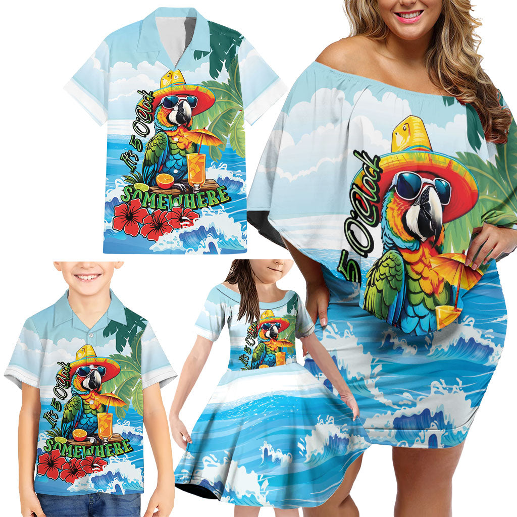 Funny Parrot Margarita Five O'clock Somewhere Family Matching Off Shoulder Short Dress and Hawaiian Shirt