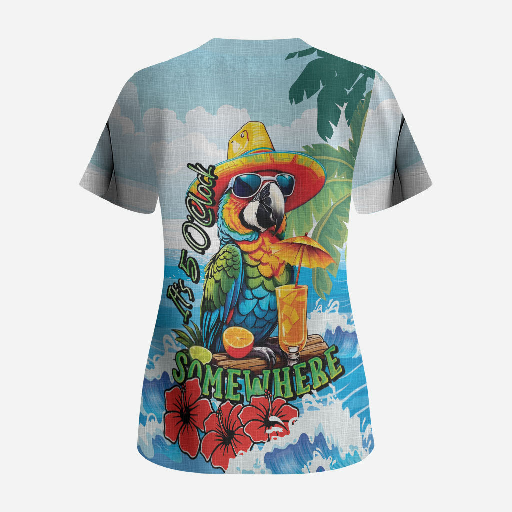 Funny Parrot Margarita Five O'clock Somewhere Scrub Top