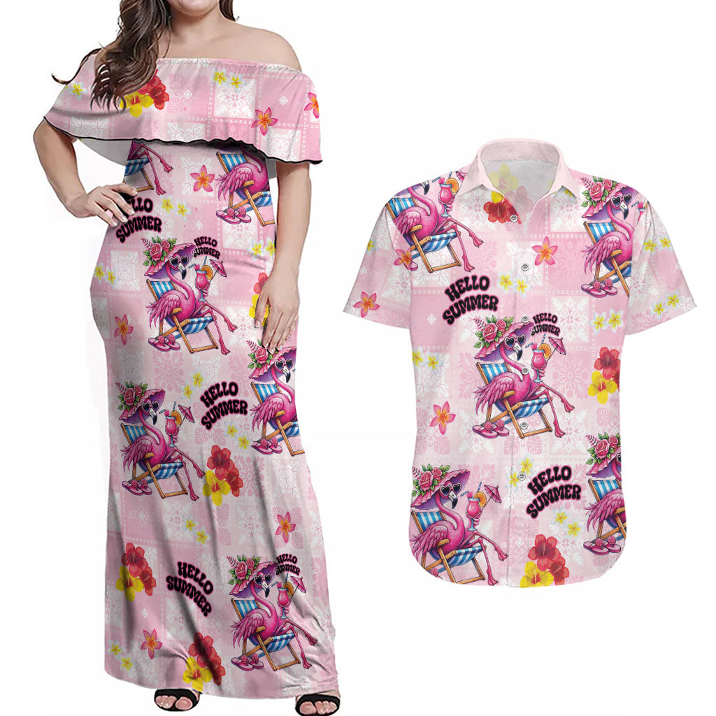 Hawaii Flamingo Hello Summer Couples Matching Off Shoulder Maxi Dress and Hawaiian Shirt Hawaiian Quilt Pattern LT9 Pink - Polynesian Pride