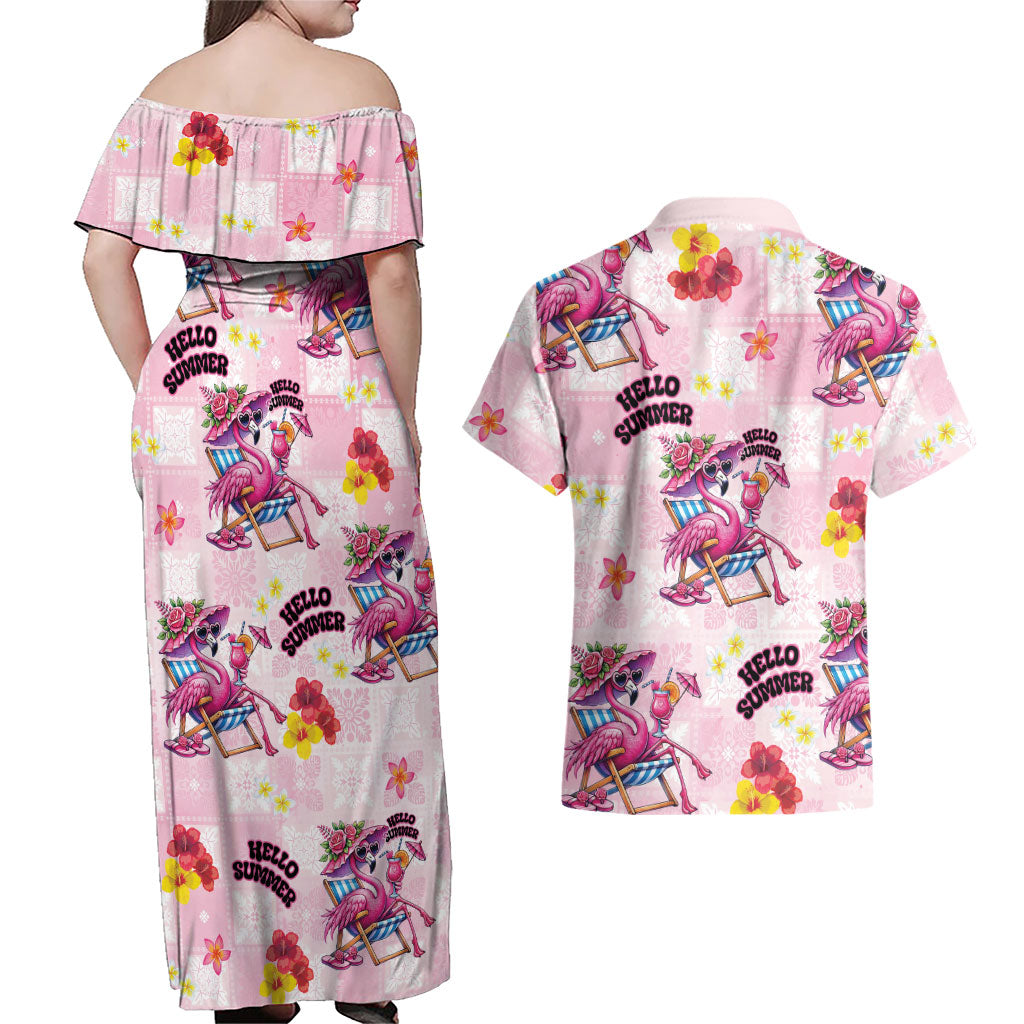 Hawaii Flamingo Hello Summer Couples Matching Off Shoulder Maxi Dress and Hawaiian Shirt Hawaiian Quilt Pattern