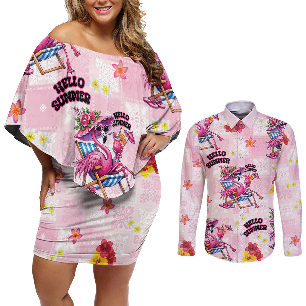 Hawaii Flamingo Hello Summer Couples Matching Off Shoulder Short Dress and Long Sleeve Button Shirt Hawaiian Quilt Pattern