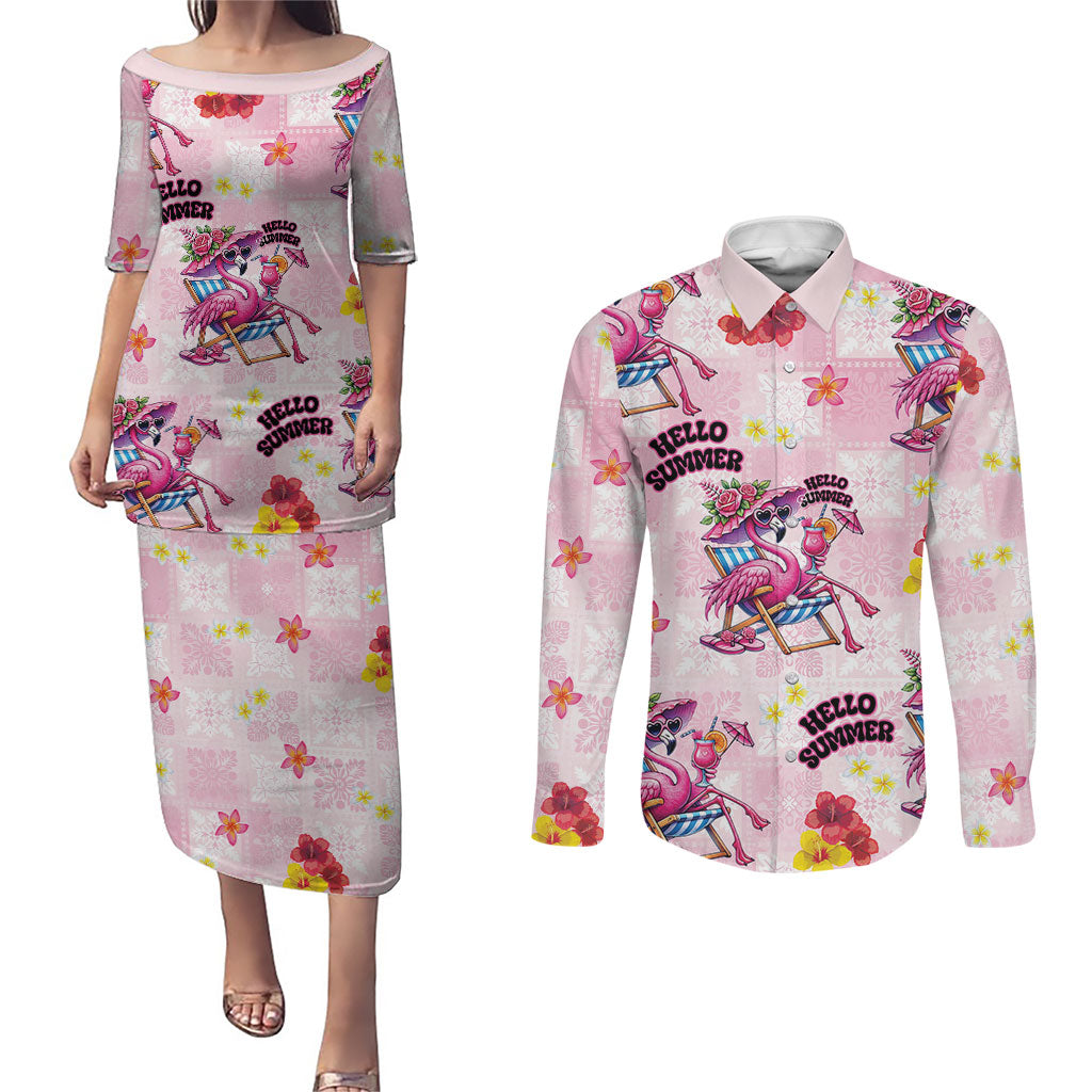 Hawaii Flamingo Hello Summer Couples Matching Puletasi and Long Sleeve Button Shirt Hawaiian Quilt Pattern LT9 Pink - Polynesian Pride