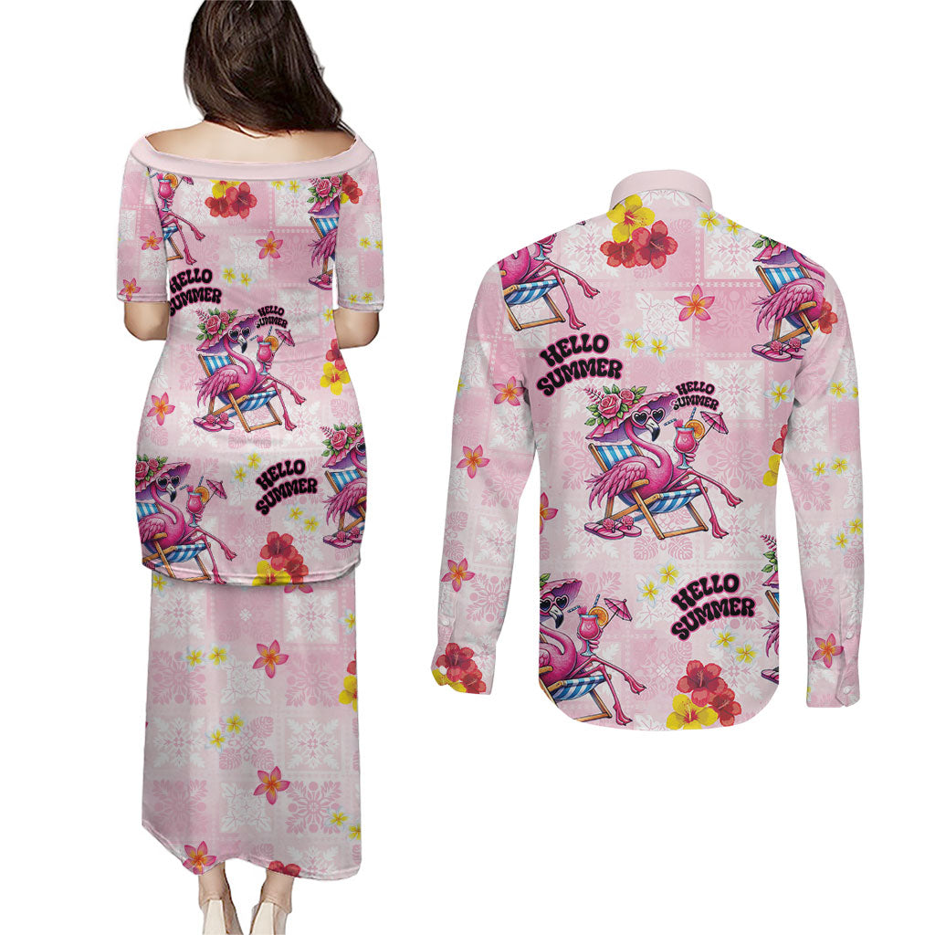 Hawaii Flamingo Hello Summer Couples Matching Puletasi and Long Sleeve Button Shirt Hawaiian Quilt Pattern