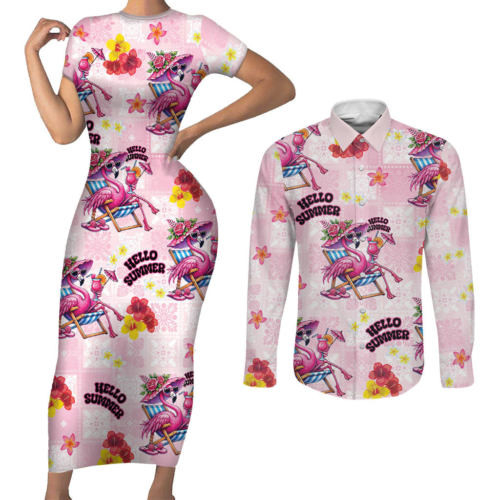 Hawaii Flamingo Hello Summer Couples Matching Short Sleeve Bodycon Dress and Long Sleeve Button Shirt Hawaiian Quilt Pattern LT9 Pink - Polynesian Pride