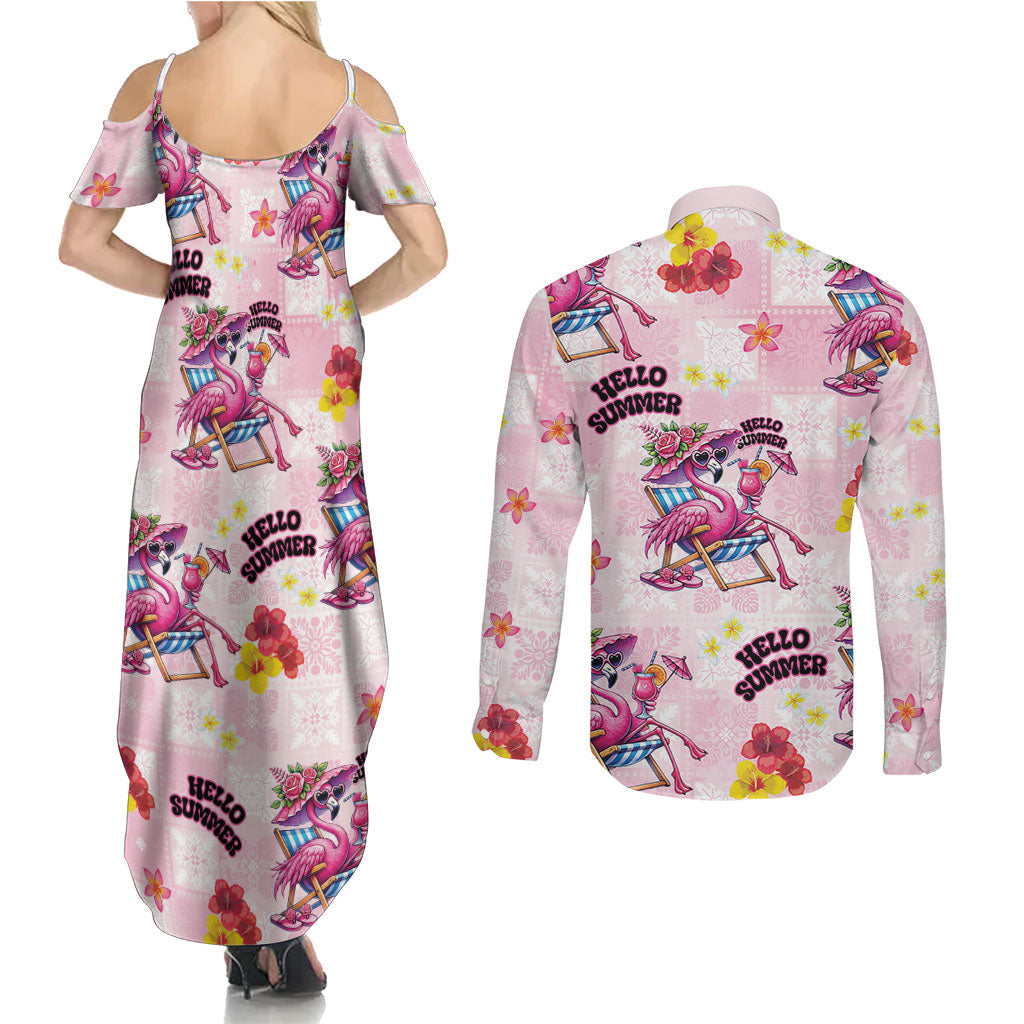 Hawaii Flamingo Hello Summer Couples Matching Summer Maxi Dress and Long Sleeve Button Shirt Hawaiian Quilt Pattern