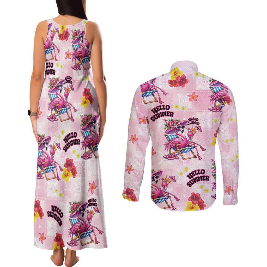 Hawaii Flamingo Hello Summer Couples Matching Tank Maxi Dress and Long Sleeve Button Shirt Hawaiian Quilt Pattern