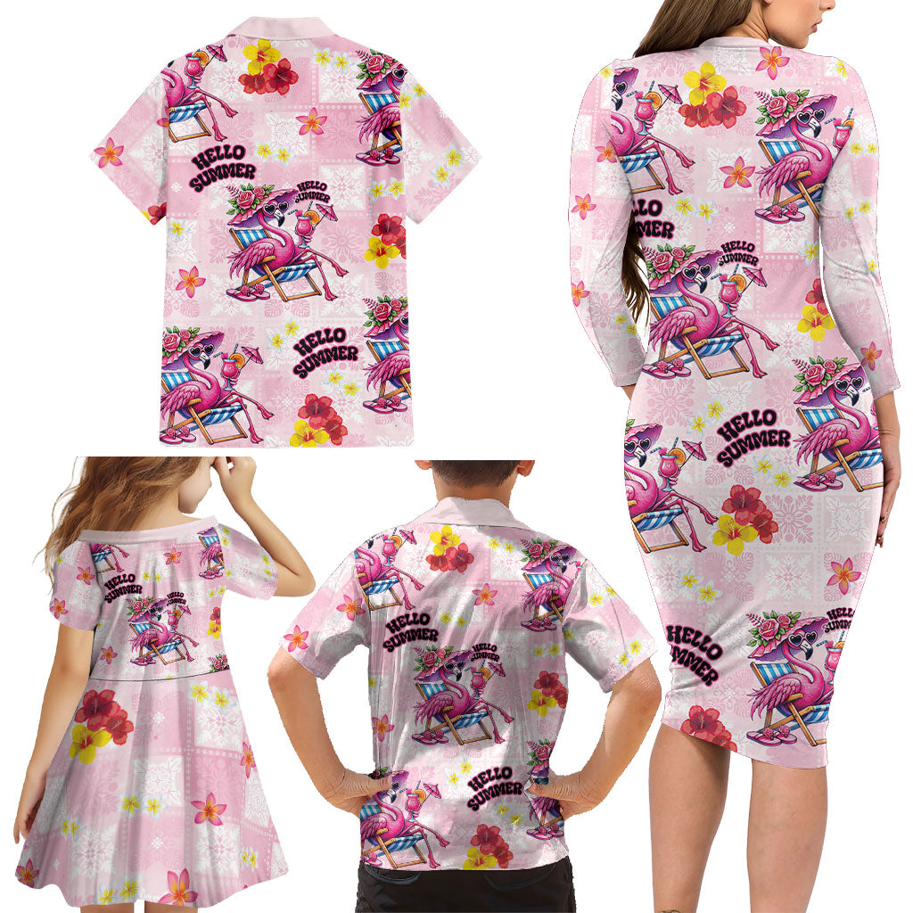 Hawaii Flamingo Hello Summer Family Matching Long Sleeve Bodycon Dress and Hawaiian Shirt Hawaiian Quilt Pattern