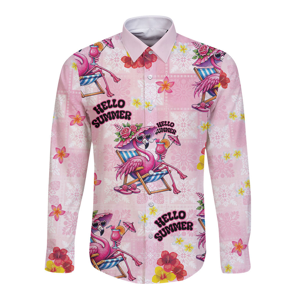Hawaii Flamingo Hello Summer Long Sleeve Button Shirt Hawaiian Quilt Pattern LT9 Unisex Pink - Polynesian Pride