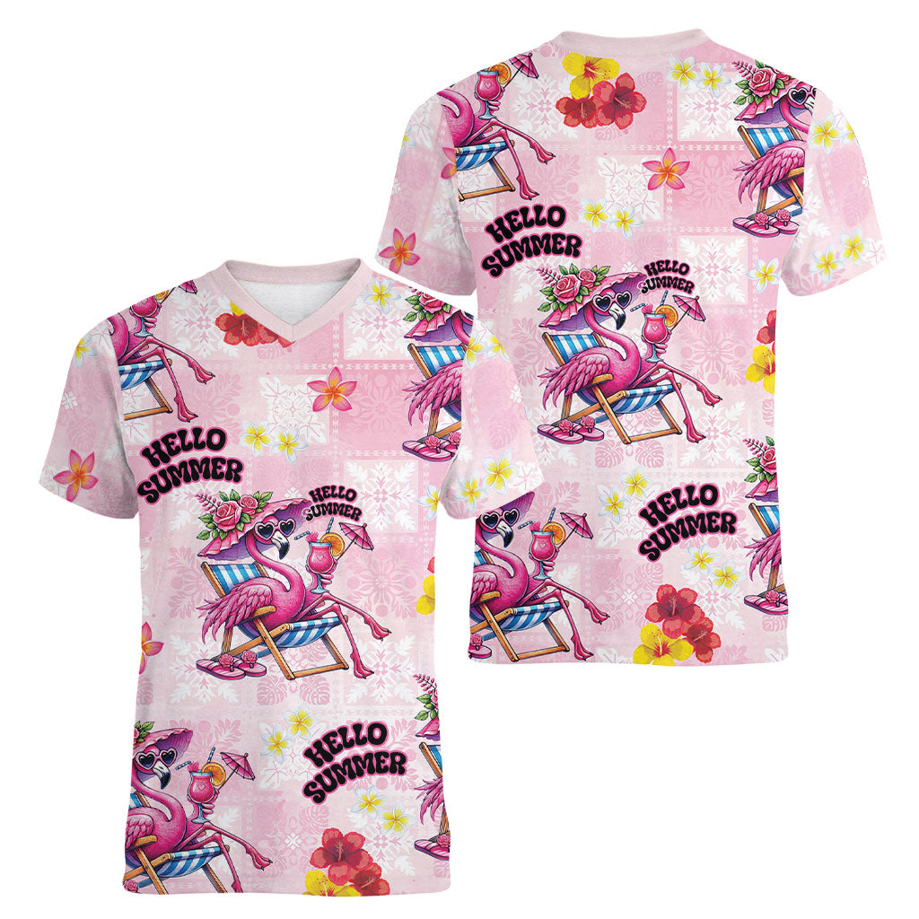 Hawaii Flamingo Hello Summer Women V-Neck T-Shirt Hawaiian Quilt Pattern