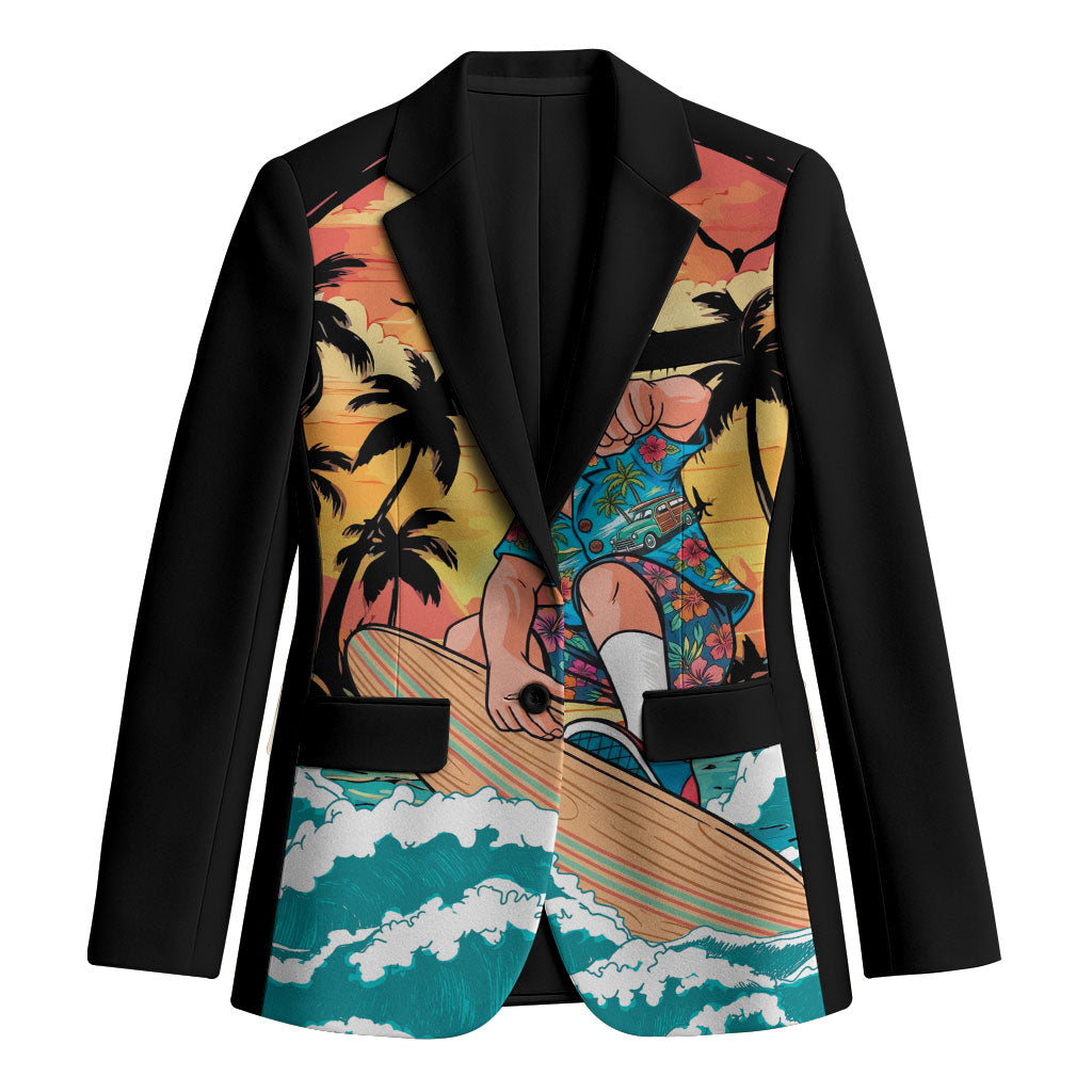 Vintage Santa Claus Surfing Summer Blazer Mele Kalikimaka i Iulai! LT9 Unisex Black - Polynesian Pride